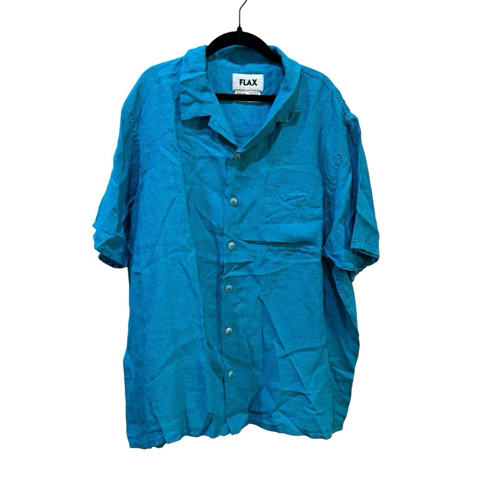 FLAX Button Down Short Sleeve Tunic Shirt Blouse Size Medium‎ Aqua Blue!